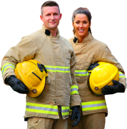 Image to a male and a female firefirghter standing together with helmets under their arms