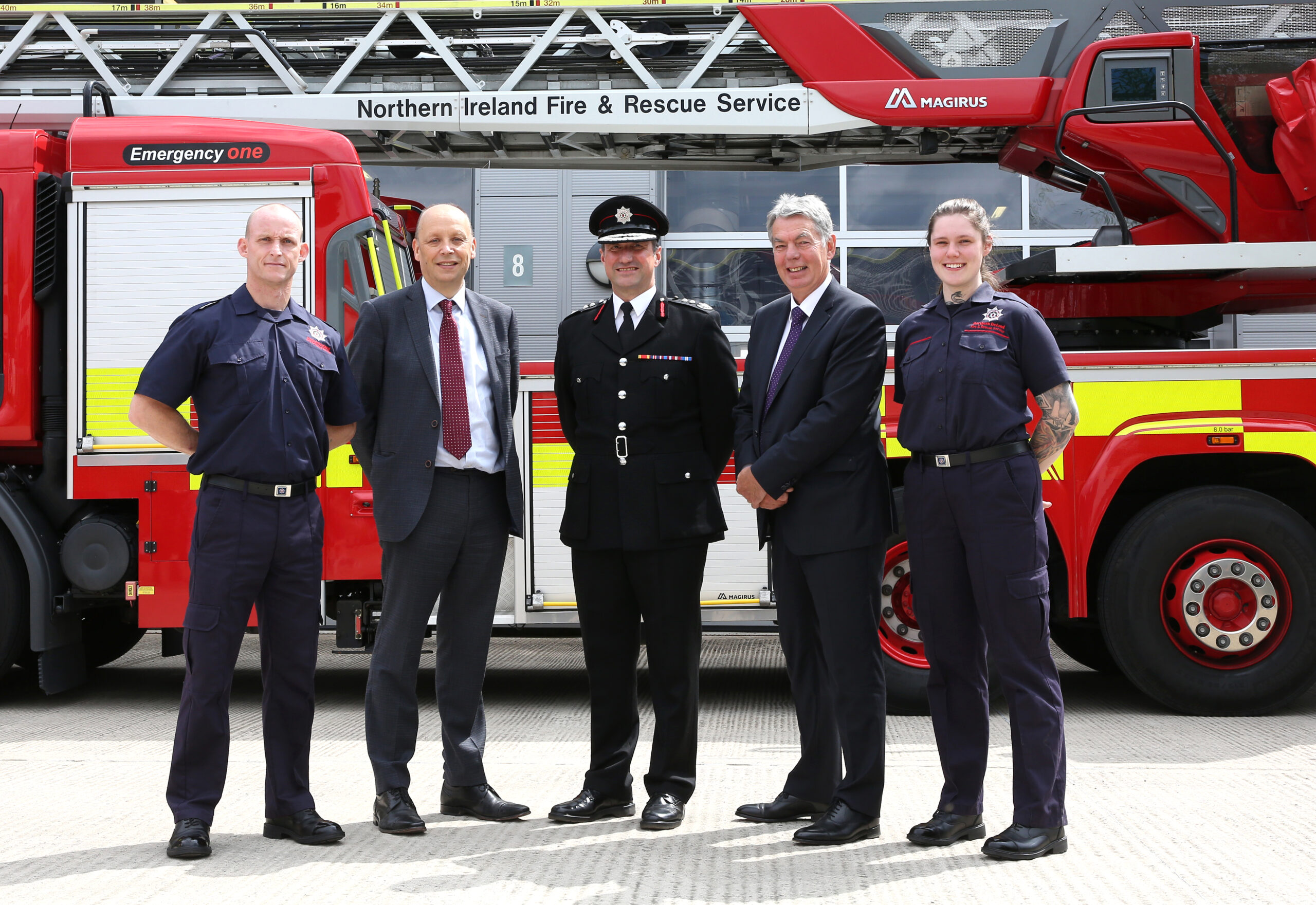 Firefighter Gareth Weir; Permanent Secretary at the Department of Health, Peter May; NIFRS Interim Chief Fire & Rescue Officer, Andy Hearn; NIFRS Chairperson, Jay Colville; and Firefighter Hayley Agnew.