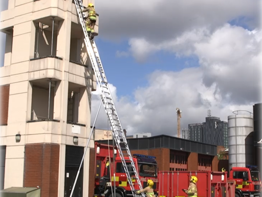 Firefighters taking part in a ladder ascent and descent exercise